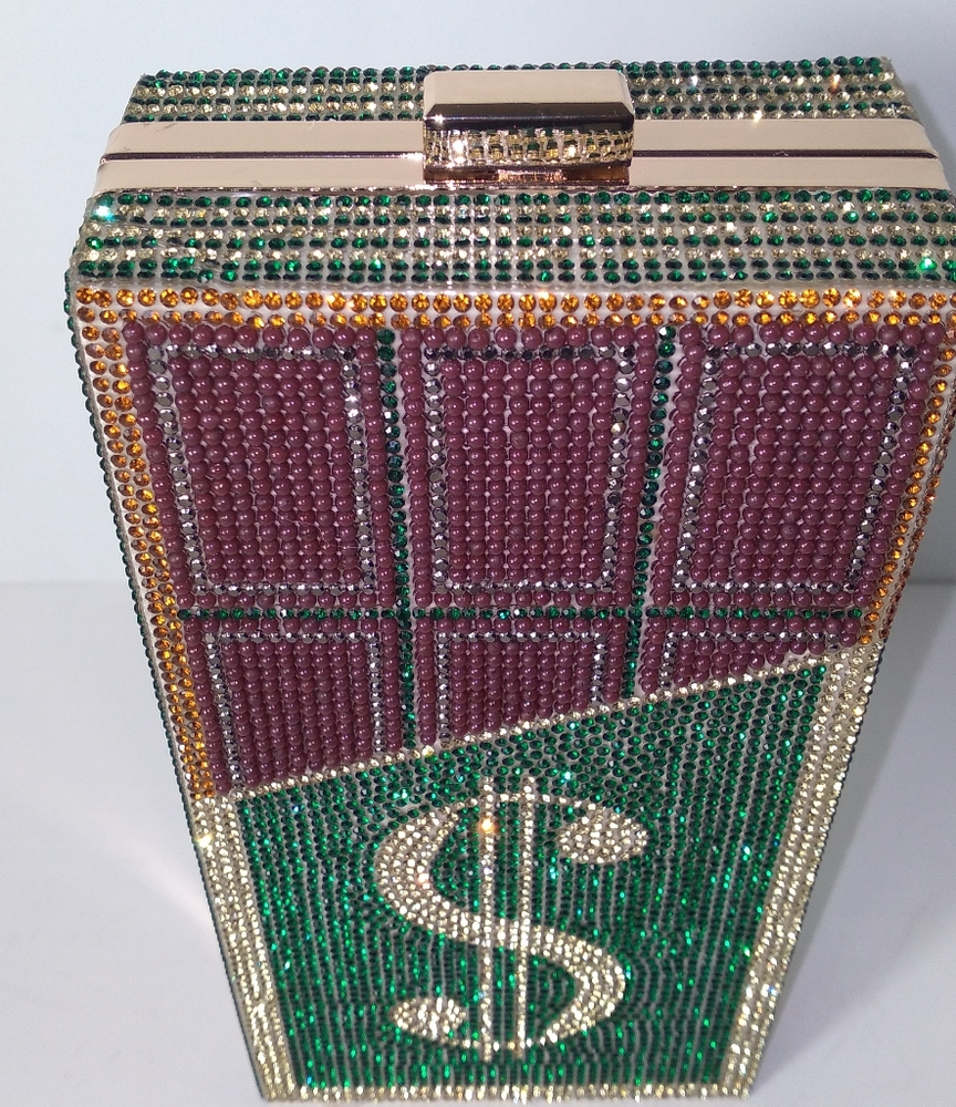 Green/Gold Rhinestone Dollar Sign Clutch Bag - Picture 2 of 8